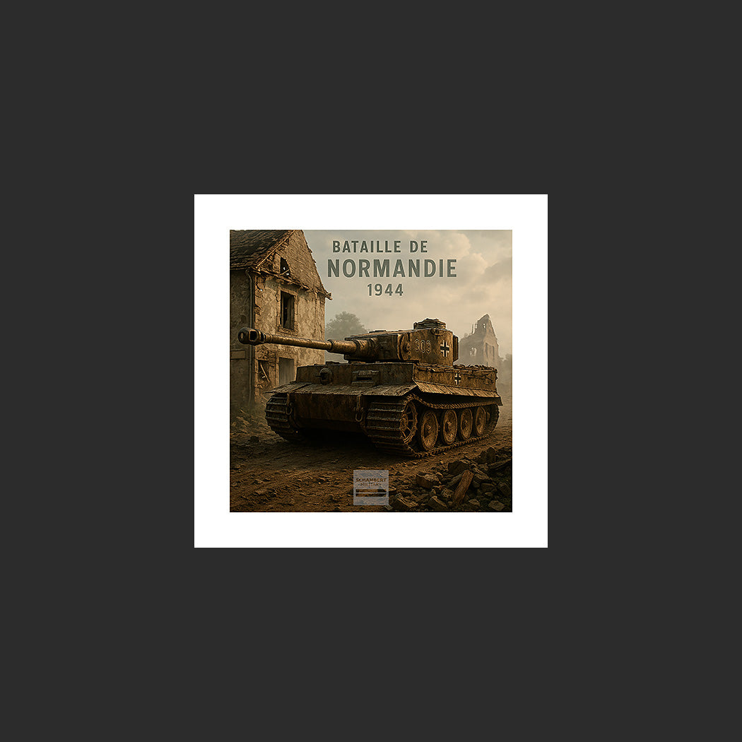 Poster d'une image d'un char allemand Tiger 1 dans un village détruit de Normandie après le D-Day en juin 1944 au petit matin dans la brume, site historique du D-Day, Débarquement de Normandie, Deuxième Guerre mondiale, WW2, France. Affiche en couleur avec titre, marge blanche ou colorée. Design avec marge blanche.