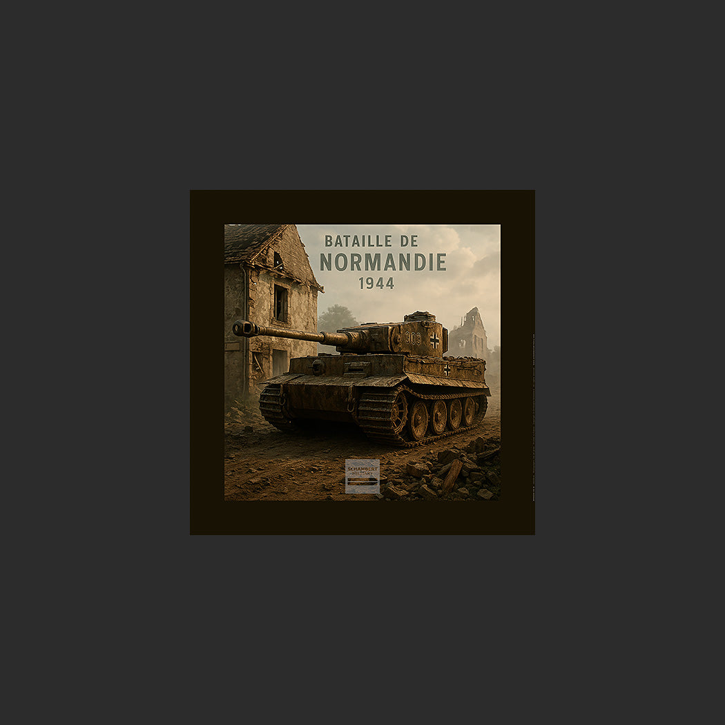 Poster d'une image d'un char allemand Tiger 1 dans un village détruit de Normandie après le D-Day en juin 1944 au petit matin dans la brume, site historique du D-Day, Débarquement de Normandie, Deuxième Guerre mondiale, WW2, France. Affiche en couleur avec titre, marge blanche ou colorée. Design avec marge de couleur.