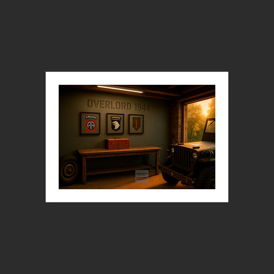 Affiche MP0013 Jeep Willys MB Insignes 82 et 101 Airborne Big Red One Atelier collectionneur, design avec marge blanche.