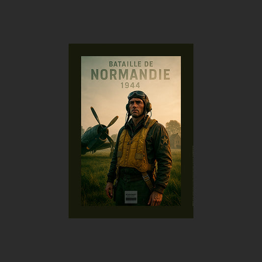 Affiche MP0016 Pilote américain et Thunderbolt P-47 D-Day 1944 Normandie, design avec marge couleur.